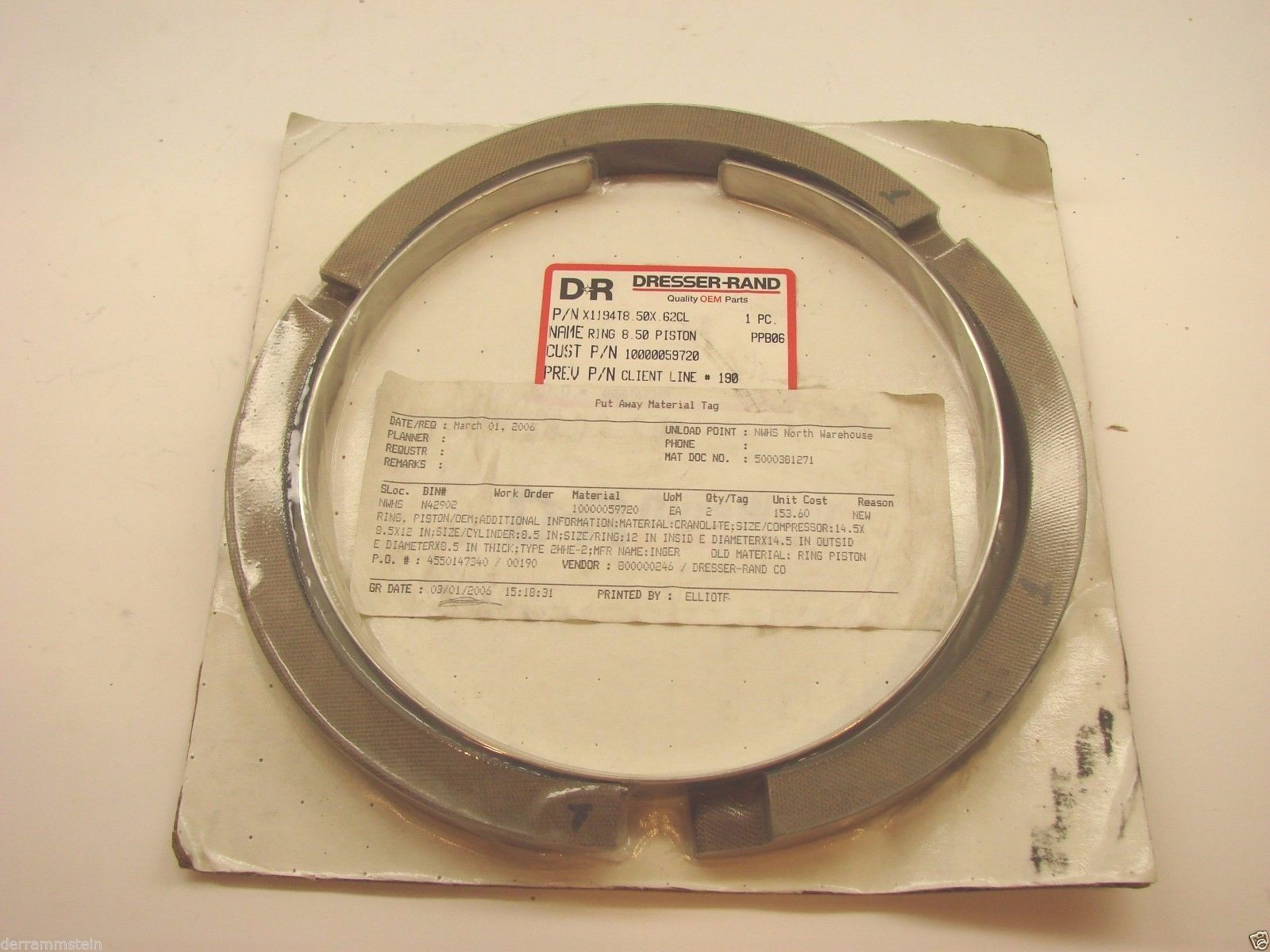 New (2) Dresser Rand X1194T 8.50 X .62CL Piston Ring OEM Ring #1 & #2 b74