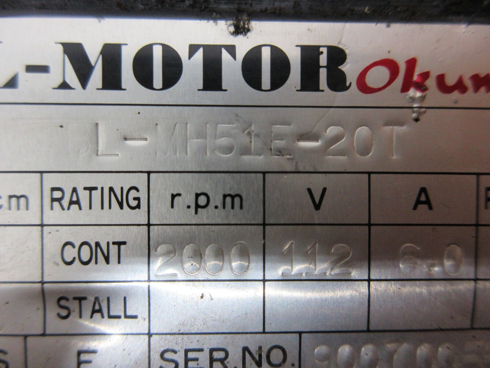 OKUMA SERVO MOTOR BL-MH51E-20T ABS-FB-D2048 ENCODER WARRANTY