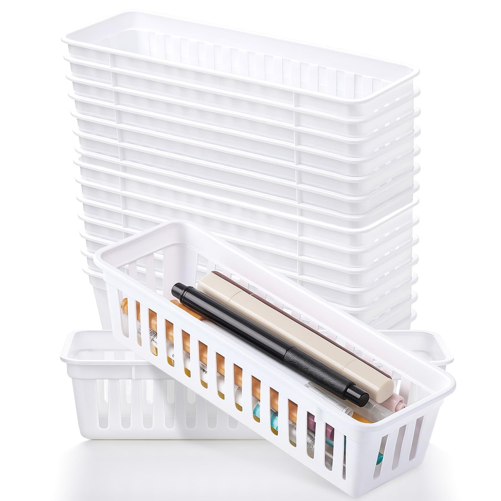 15 Pack Slim Plastic Storage Baskets Tray for Organizing, 9.84 X 2.17 X White