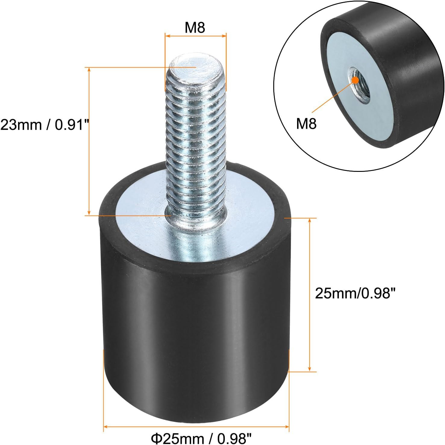 6Pcs M8X23Mm Rubber Isolator Mounts with Studs 25X25Mm Male Female Vibration Sho