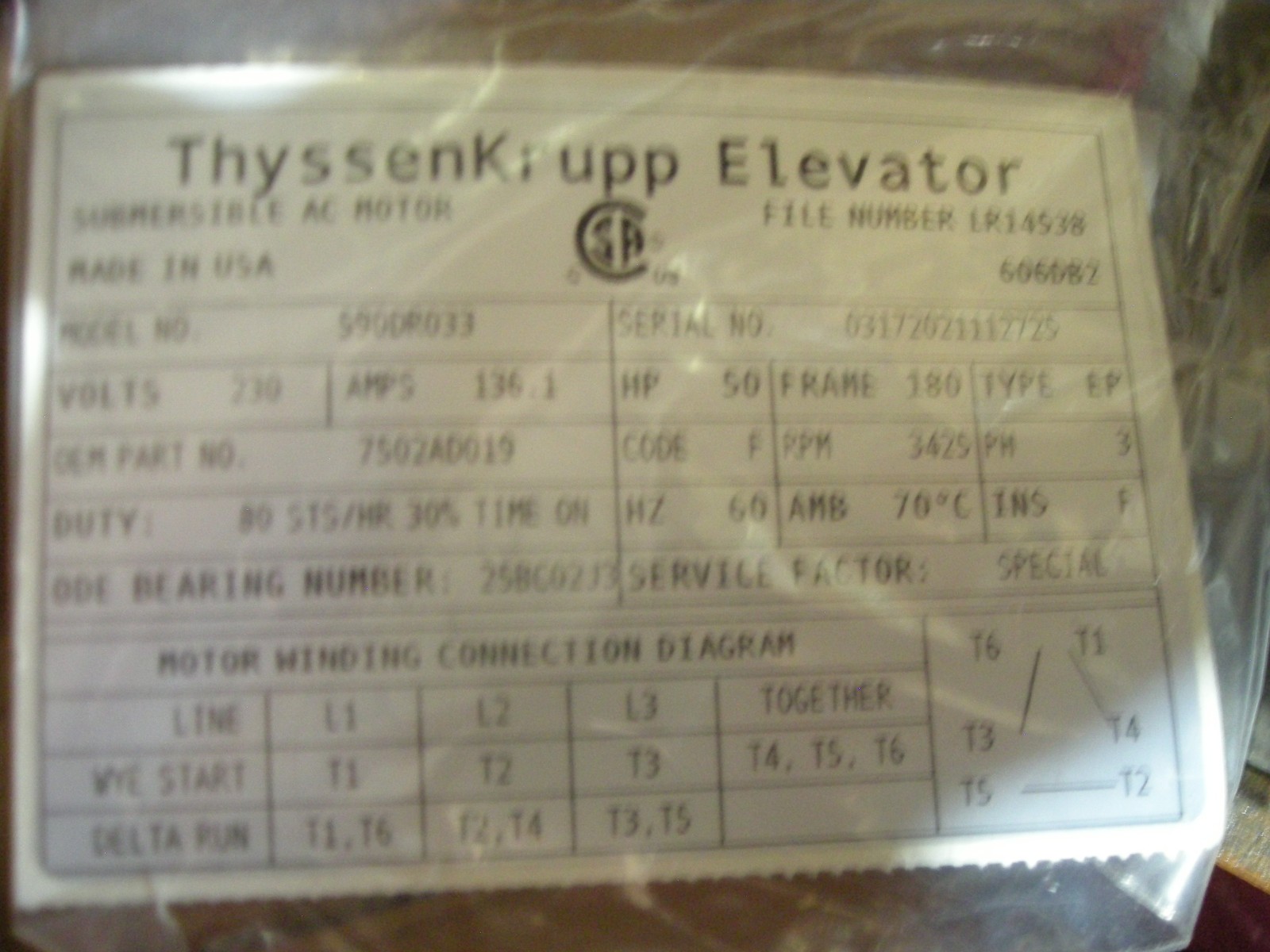 THYSSEN KRUPP 7502AD019 50HP Submersible Hydraulic Pump Motor TKE Elevator