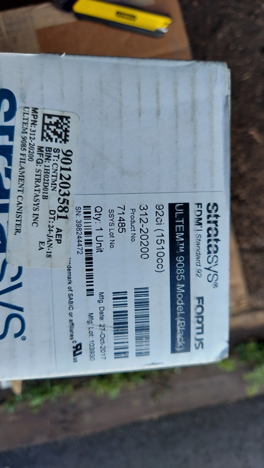 New Stratasys 312-20200 Ultem 9085 Black Filament Canister OCT2017