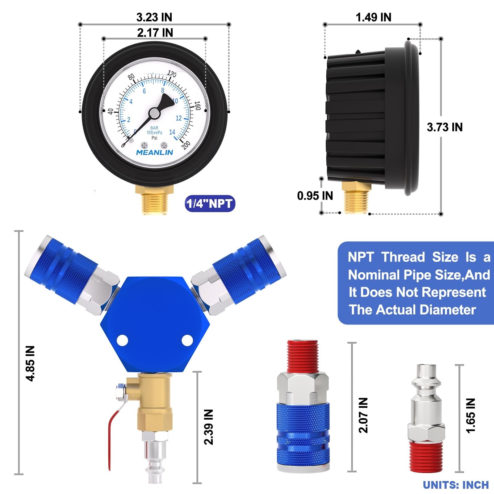 3Way Air Manifold 200 PSI Pressure Gauge Air Compressor Hose Splitter Box New