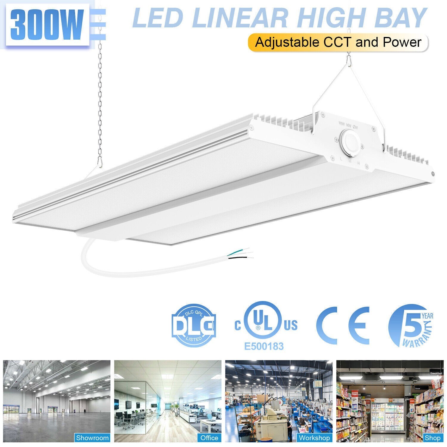 300W Linear LED High Bay Light Adjustable CCT Commercial Hanging Warehouse Lamp
