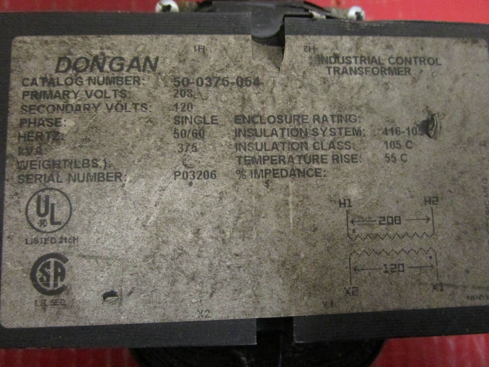 DONGAN SINGLE PH TRANSFORMER 50-0375-054 120V .375 KVA 500375054
