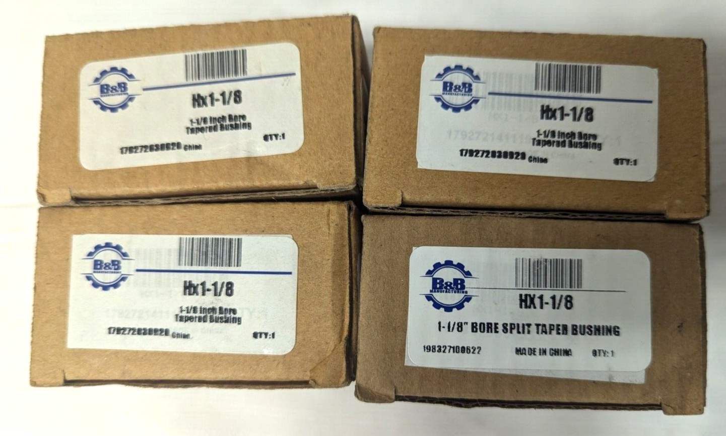 Lot of 4 B & B 1-1/8″ Bore Split Taper Bushings, #HX1-1/8 (New in original box)