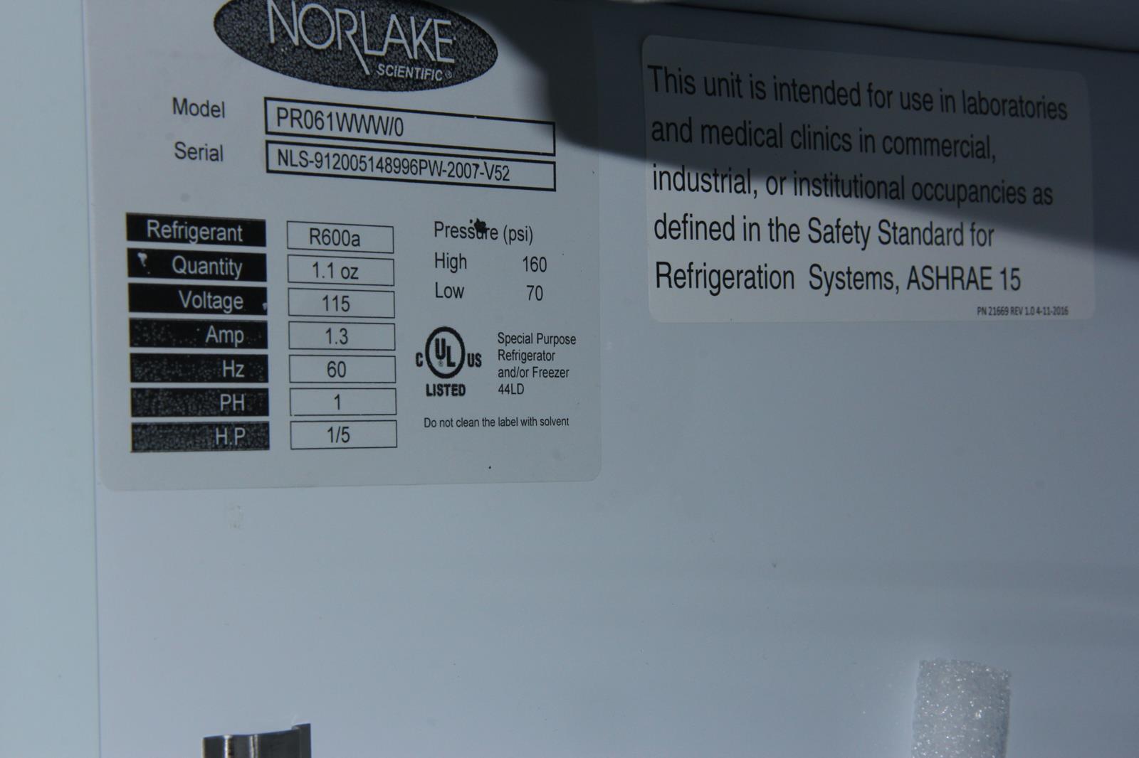 NOR-LAKE SCIENTIFIC PR061WWW/0 5.2CU FT Lab Industrial Refrigerator “TESTED”