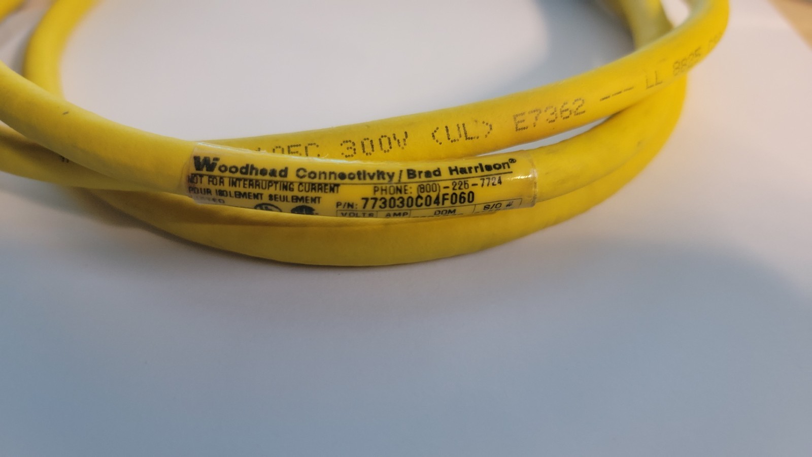 BRAD HARRISON / Connectivity WOODHEAD Cable 773030C04F060 Yellow Cable Used