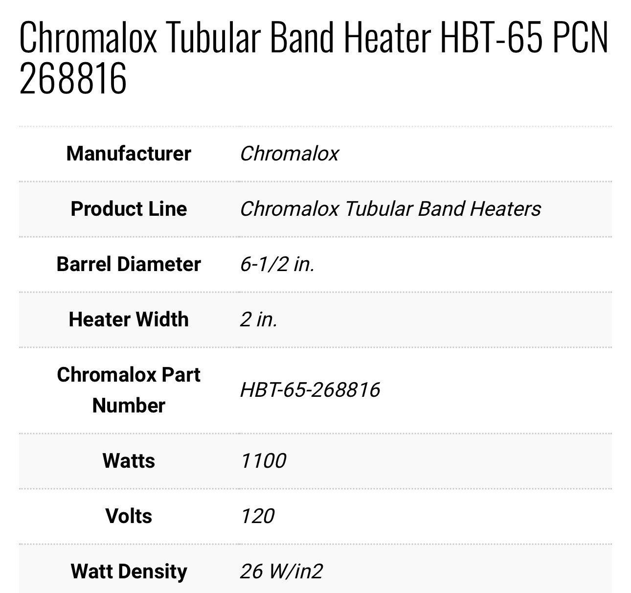 NEW Chromalox HBT-65 Tubular Band Heater; 268816, 120V, 110KW