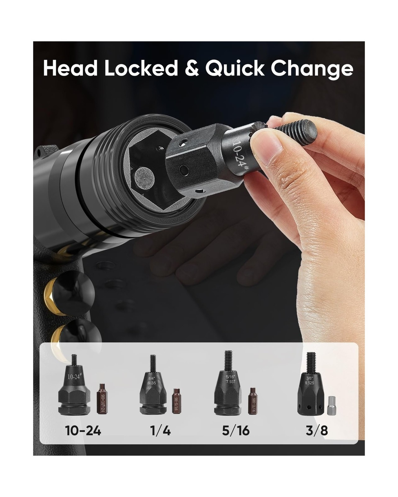 Air Rivet Nut Gun – 4 Sizes – For 10-24 to 3/8in – w/ Nozzles