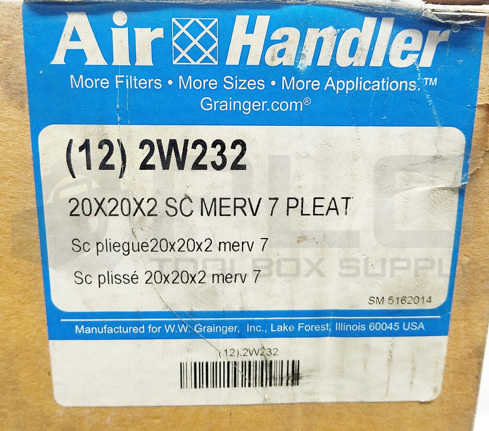 NEW BOX OF 12 AIR HANDLER 2W232 SC MERV 7 PLEAT AIR FILTER 20x20x2