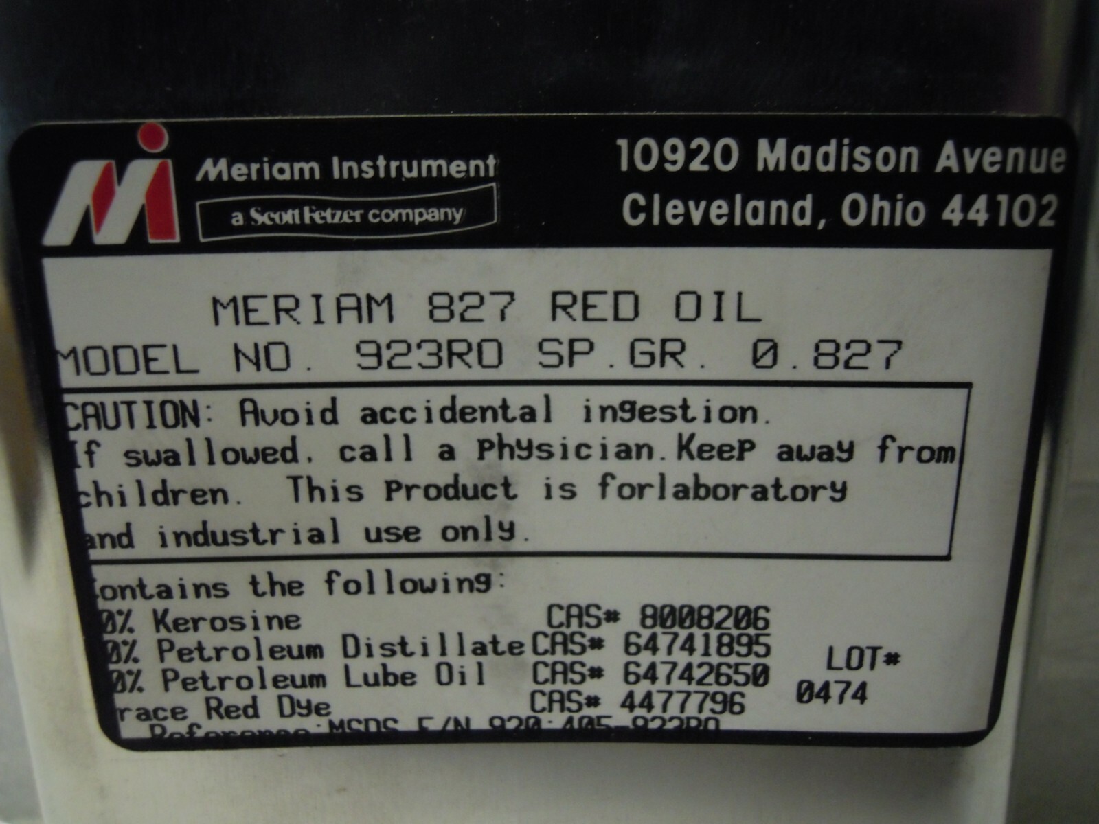 MERIAM INSTRUMENT 923RO-2 RED OIL 827 PINT 1 ***NEW