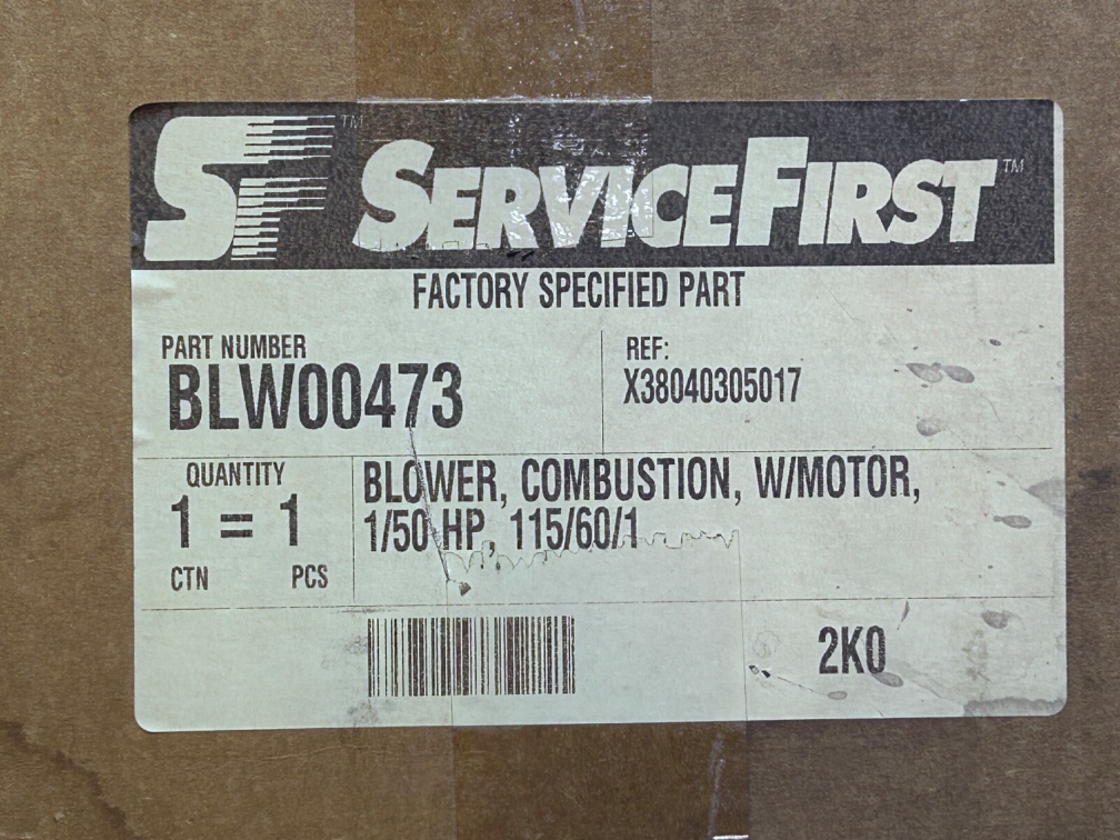 TRANE Service First Blower Combustion Motor BLW00473, 1/50 HP 115V with Gasket