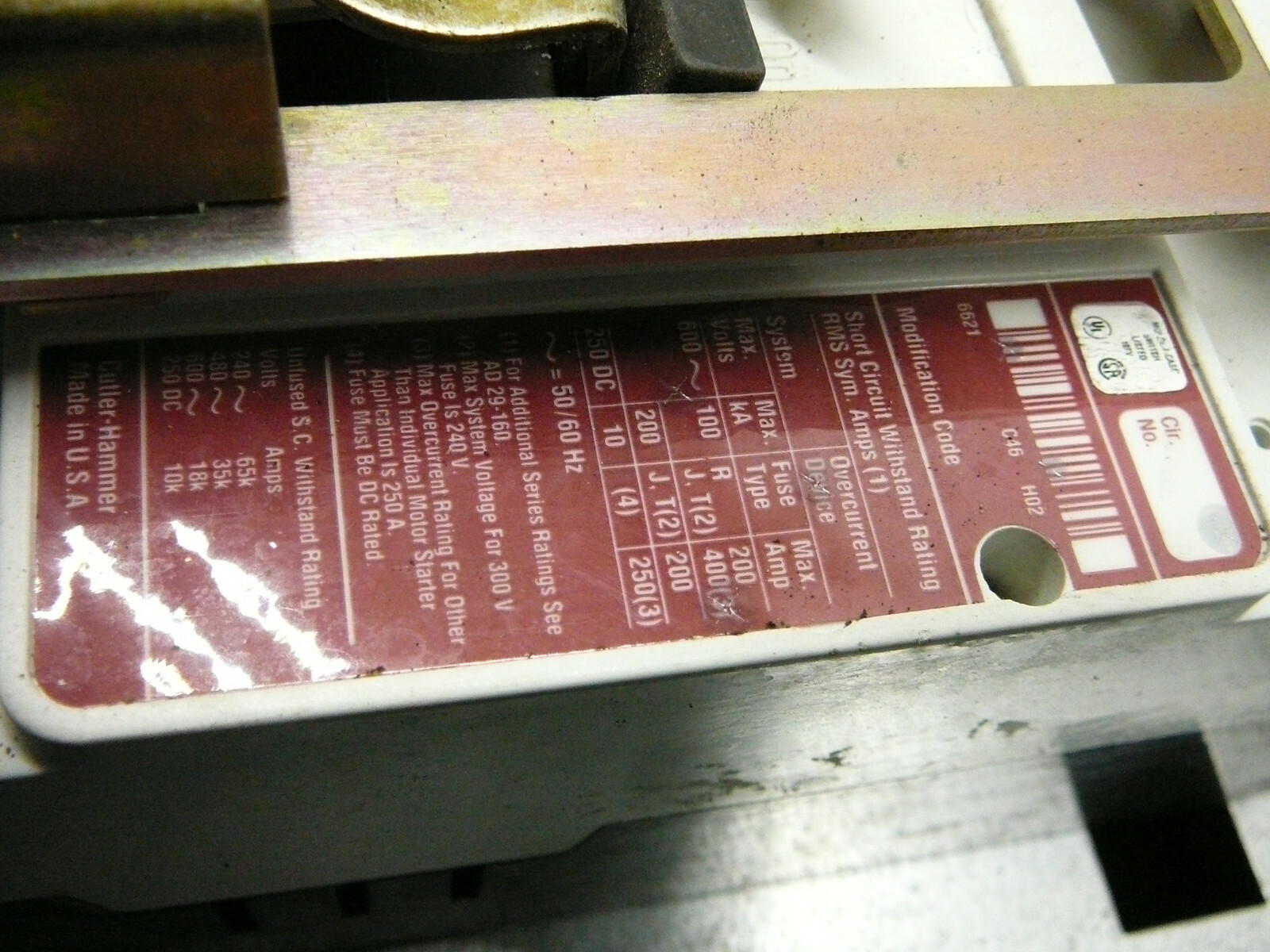 CUTLER HAMMER WESTINGHOUSE SERIES C JD-K MOLDED CASE SWITCH 6631C90G23 250VDC 3P