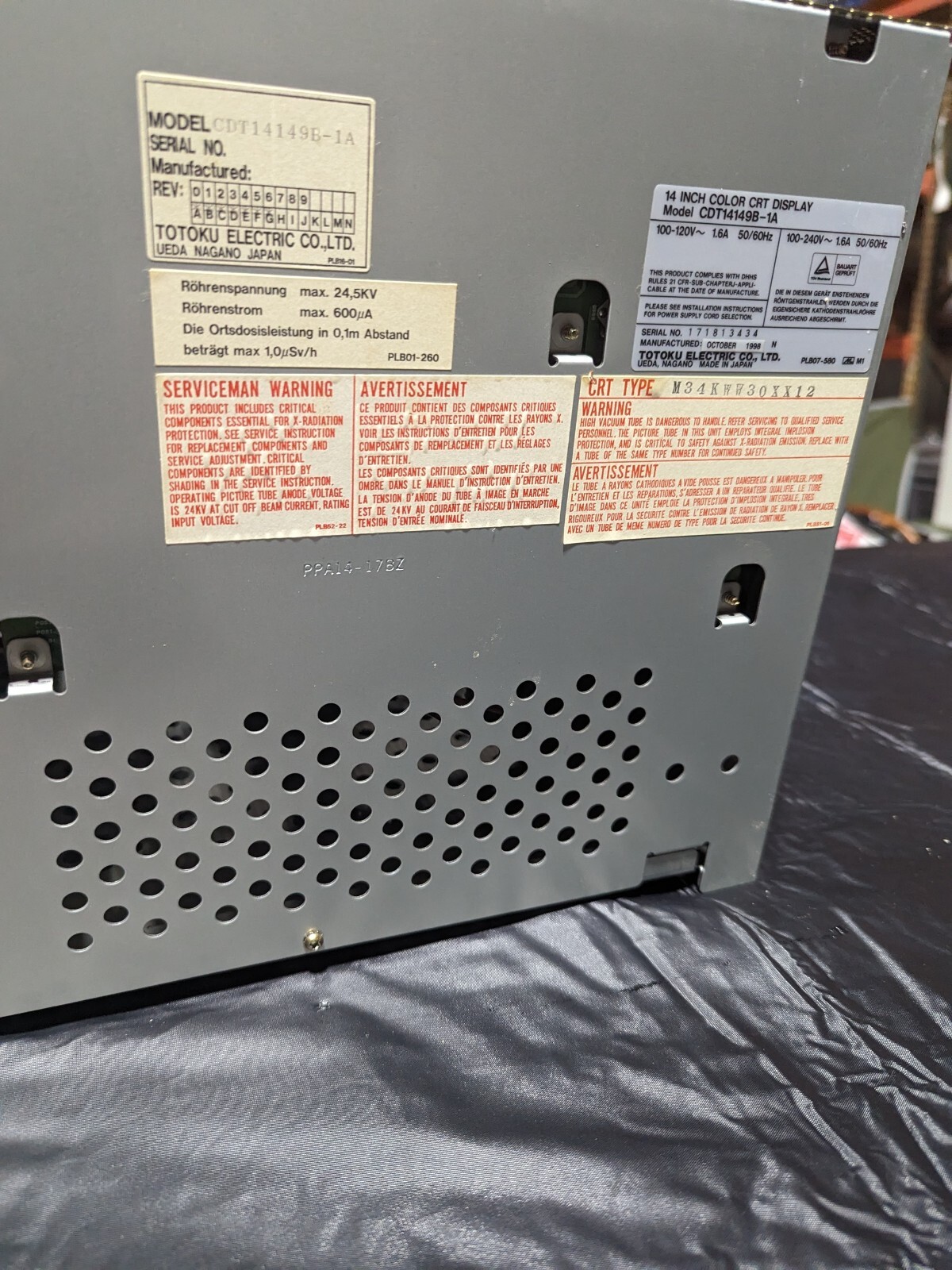 OKUMA CNC MILL TOTOKU CRT DISPLAY MONITOR CDT14149B-1A M34KNM23XX01 PLB07-580
