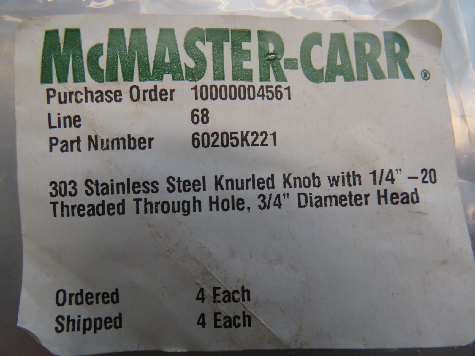 McMaster-Carr 60205K221 303SS Knurled Knob 1/4″ Threaded Hole WTRT-022 Lot of 7!
