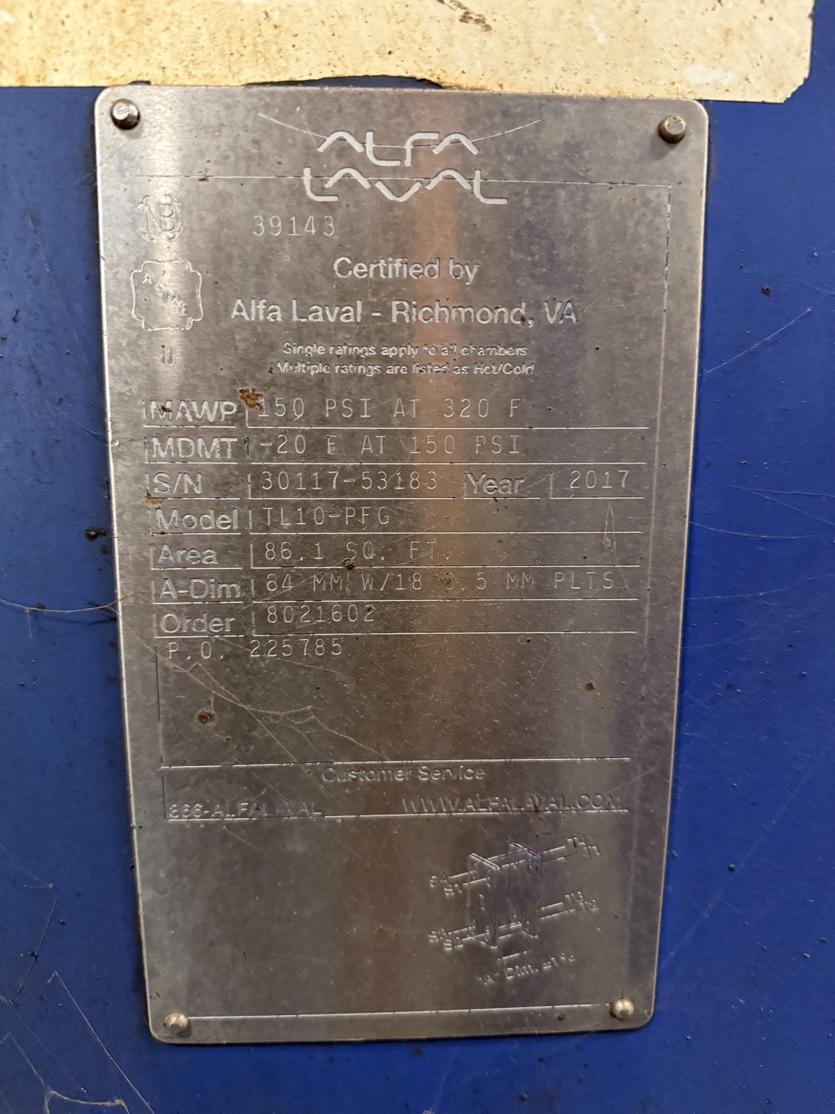 Alfa Laval Plate Heat Exchanger S/N 30117-53183 Model TL10-PFG Year 2017