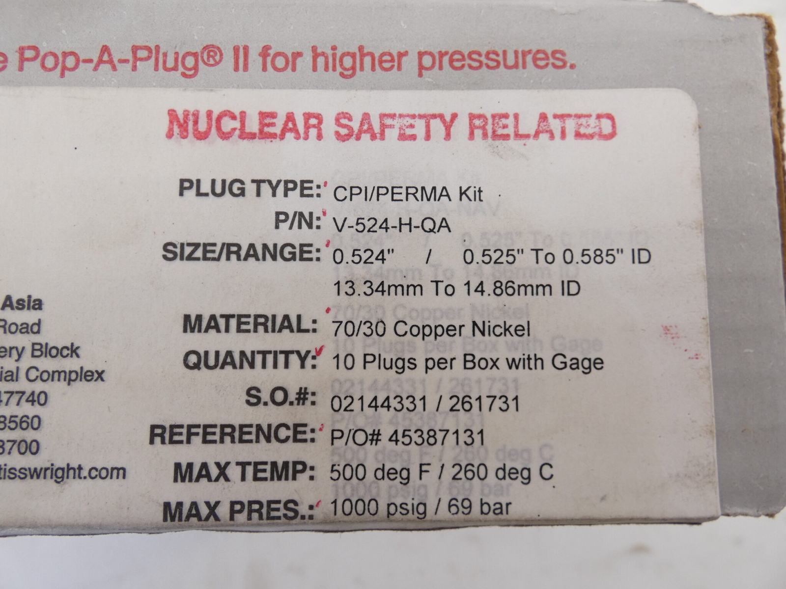 *Box of 10* Curtiss-Wright V-524-H-QA Pop-A-Plug 0.525″ – 0.585″ CPI Perma Pl…
