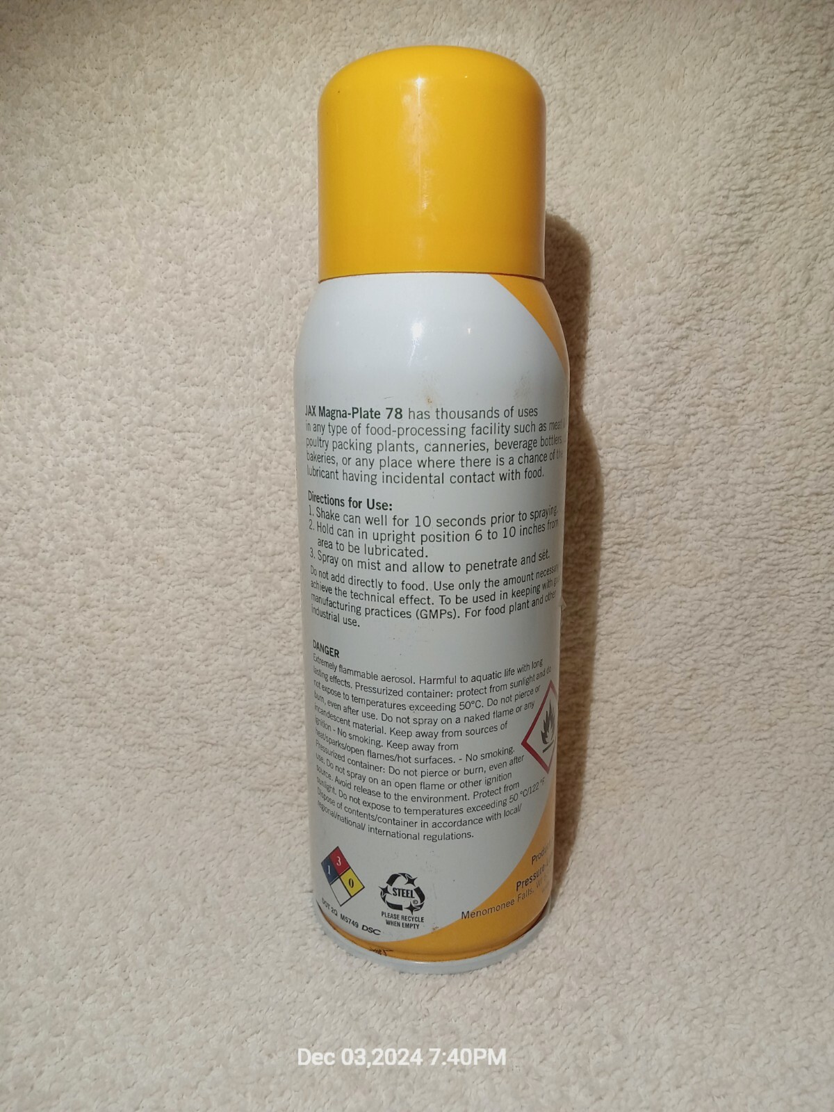JAX 114 Magna-Plate 78 Food Grade Lubricant 11 oz Aerosol Can
