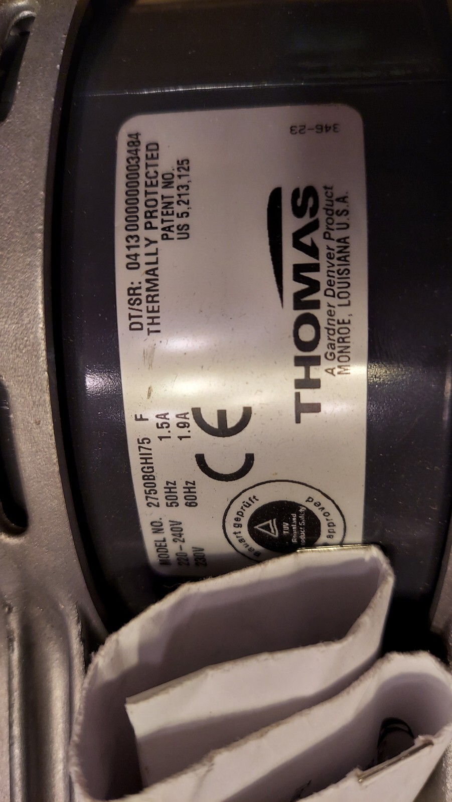 Rebuilt Thomas 2750BGHISS75 316N Vacuum Pump 230VAC 2.2 AMP