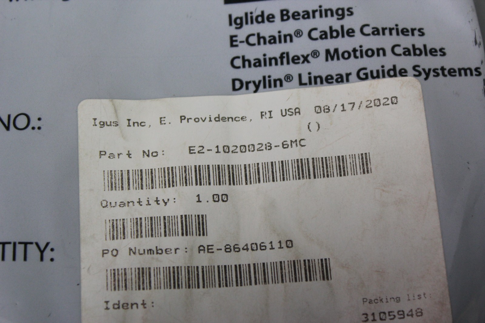 NEW IGUS ENERGY CHAIN CABLE CARRIER E2-1020028-6MC