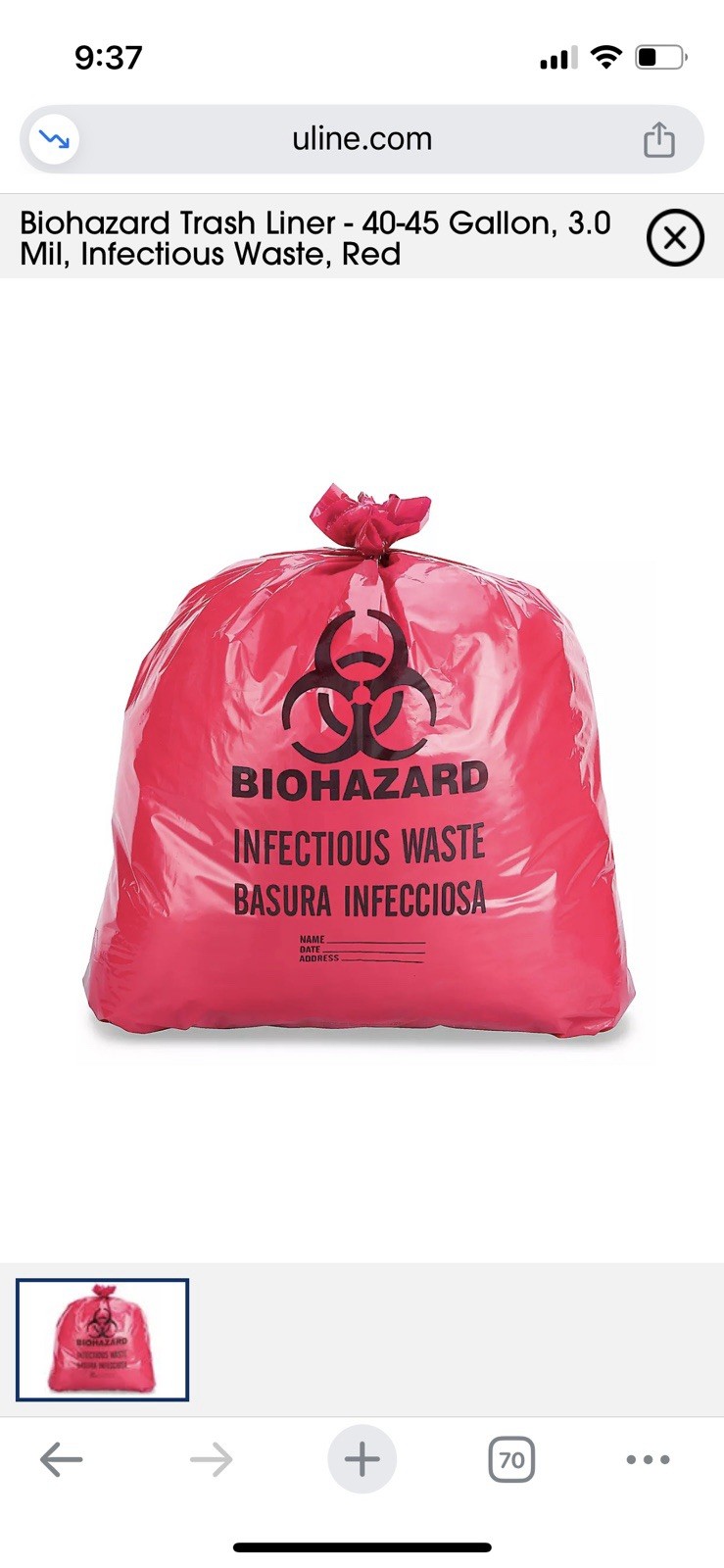 ULINE Biohazard Trash Liner 45 Gallon, 3.0 Mil, Infectious Waste, Red 75 ct