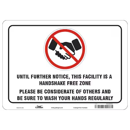 Zoro Select Hwb736p1014 Handshake Free Zone Sign, 14″ W X 10″ H, English,,