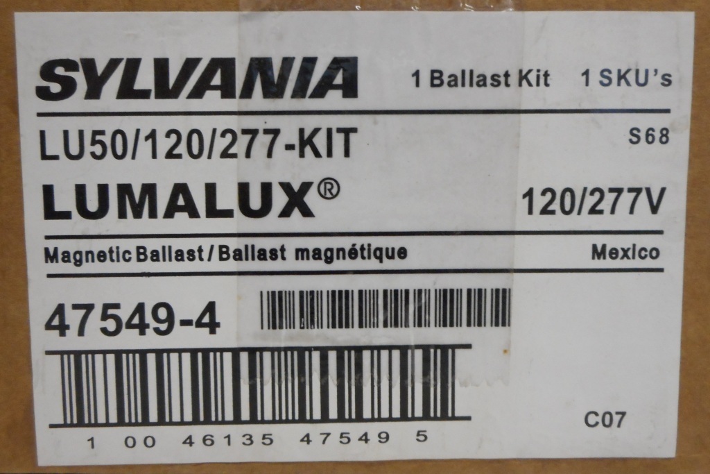 SYLVANIA MAGNETIC BALLAST 47549-4, LU50/120/277-KIT, 50 WATT, 120//277 V, S68