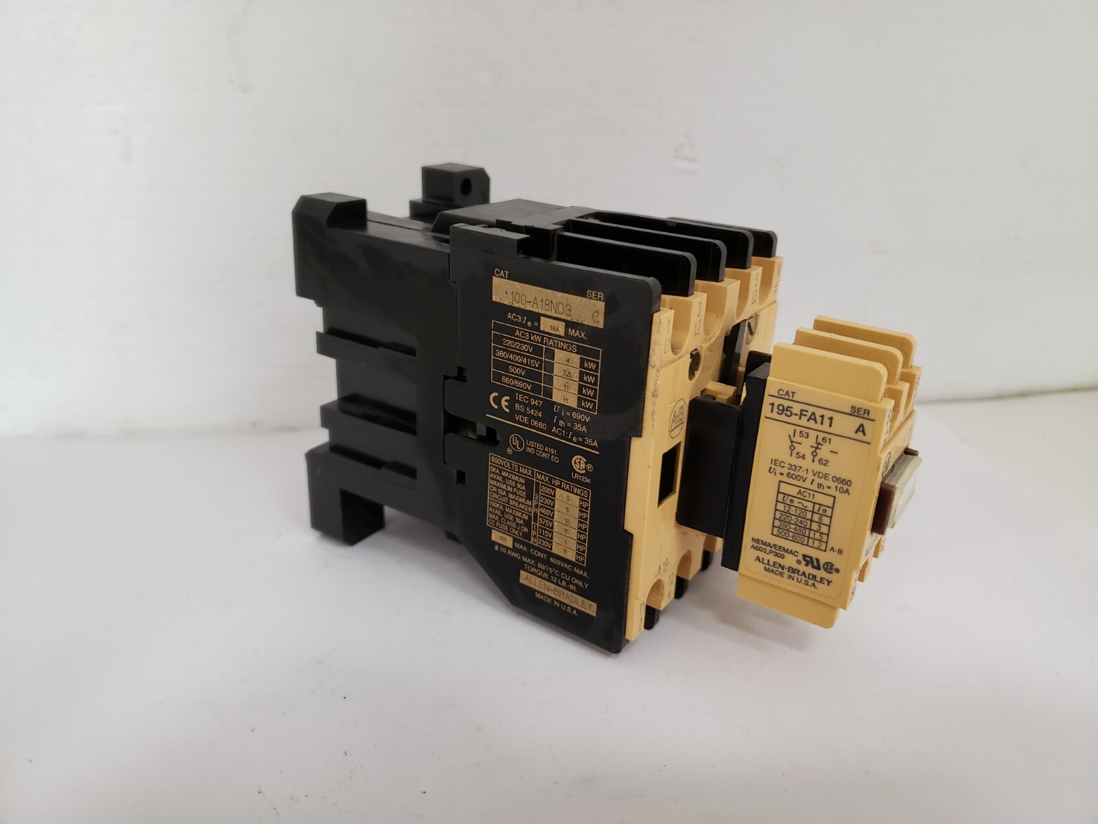 ALLEN BRADLEY 100-A18ND8 CONTACTOR SER C W/195-FA11 CONTACT BLOCK SER A