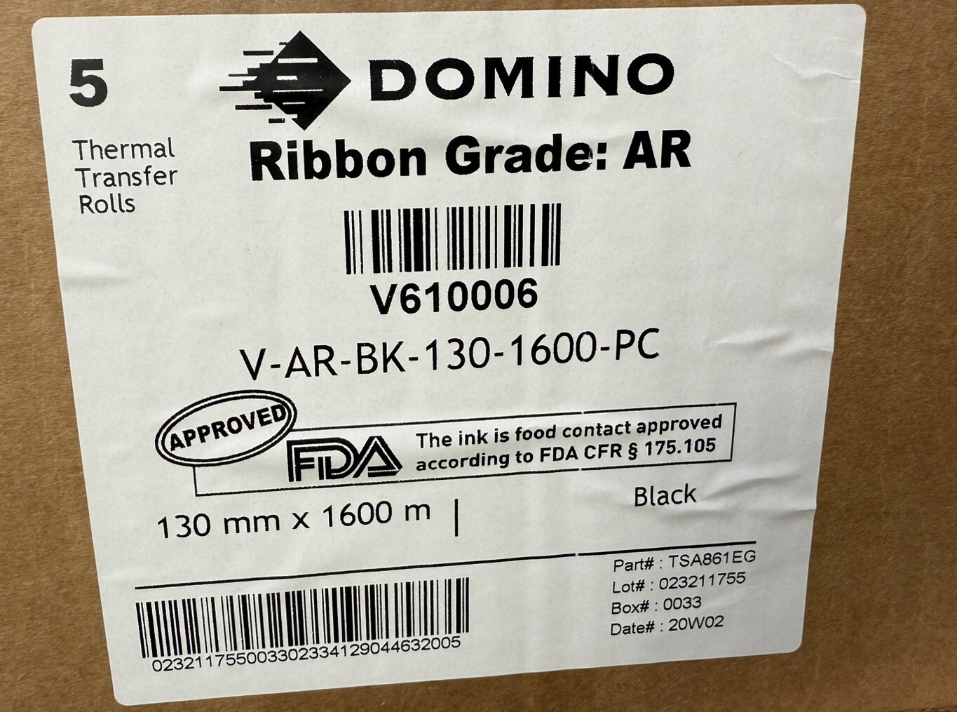 Box Of 5 Domino V-AR-BK-130-1600-PC Transfer Ribbon AR Black 130mm X 1600m *New
