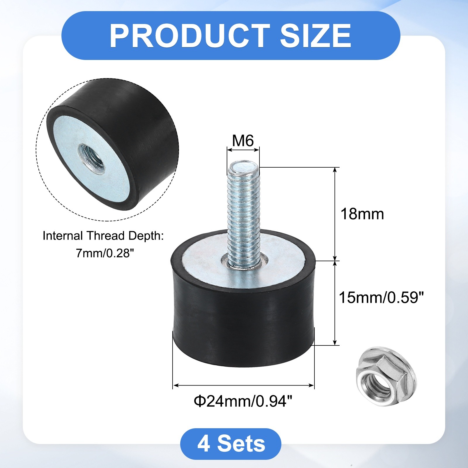 4Pcs M6x18mm Rubber Mounts, 24x15mm(DxH) Rubber Shock Absorber Mount with Nuts