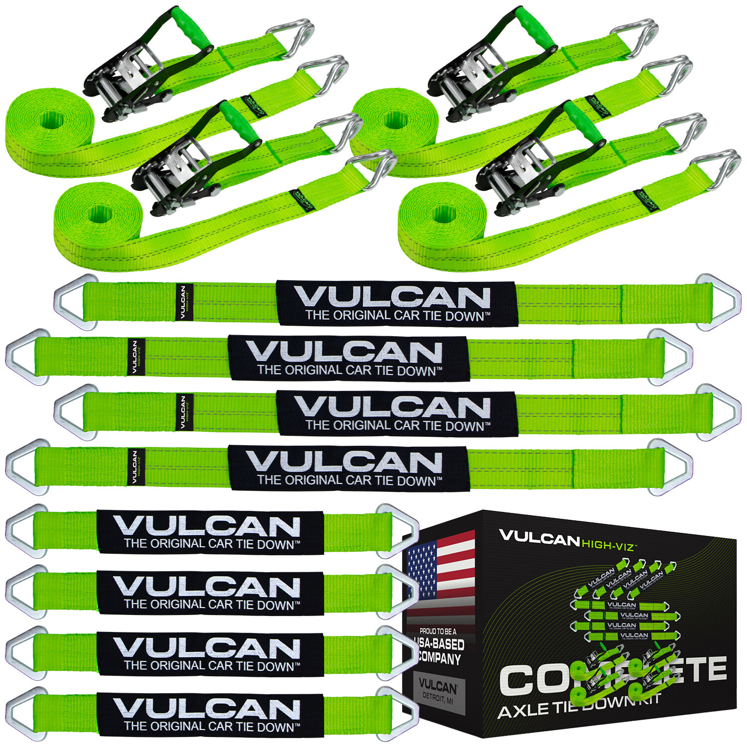 VULCAN High-Viz Reflective Axle Strap Tie Down Kit – Wire Hook Ratchet Straps