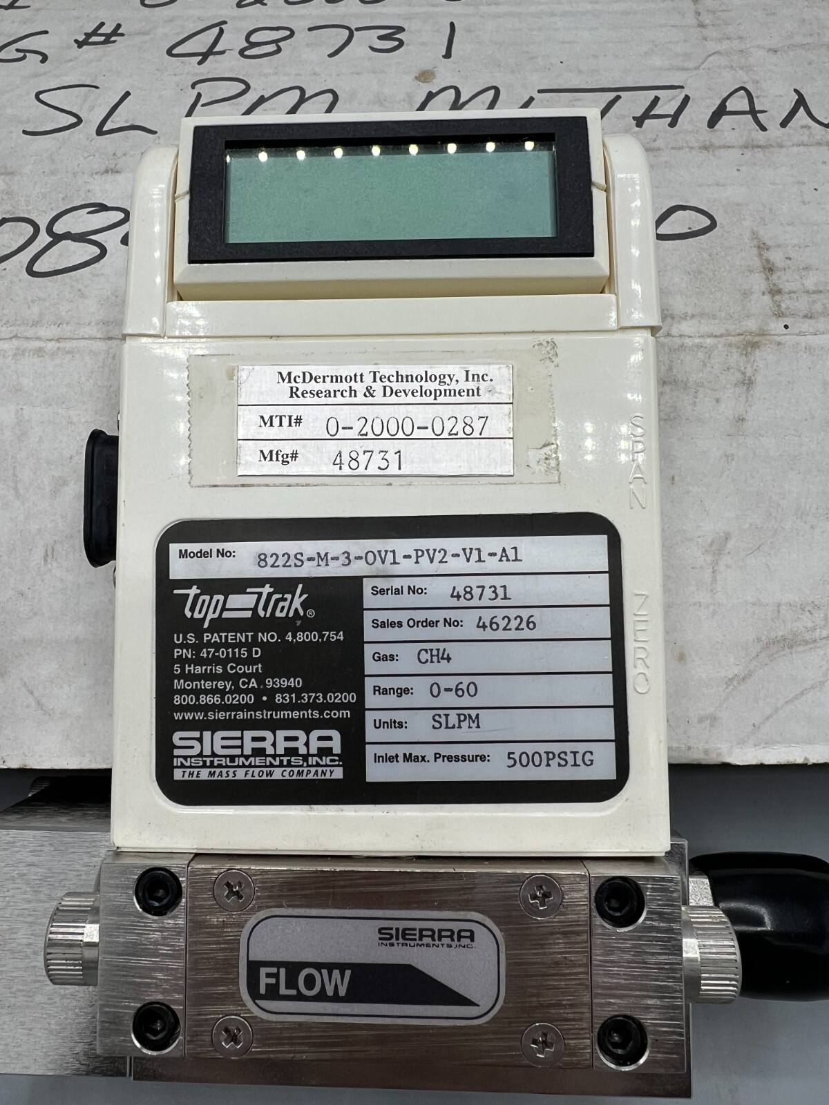 Sierra Instruments TopTrak Mass Flow Meter 822S-M-3-OV1-PV2-VA-A1 Methane 60SLPM