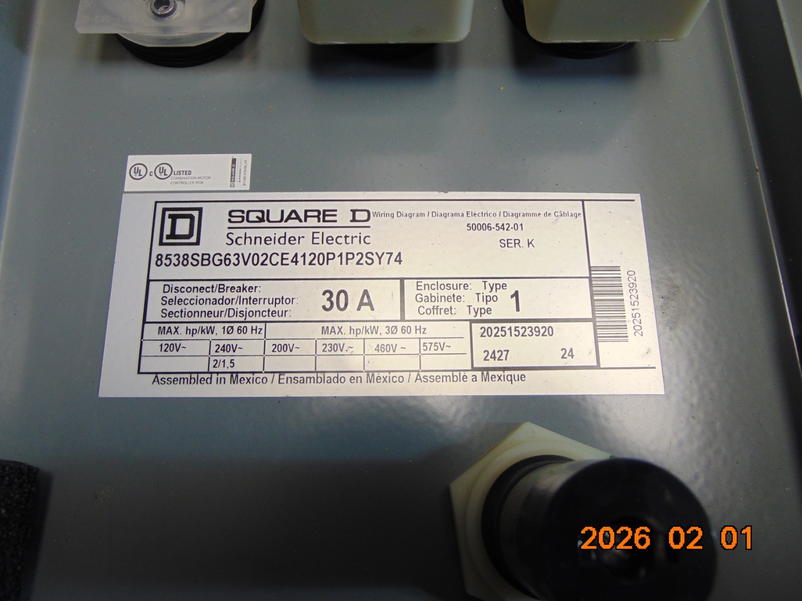 SQUARE D 8538SBG63V02CE4120P1P2SY74 SER K 30A 30 AMP MOTOR STARTER DISCONNECT