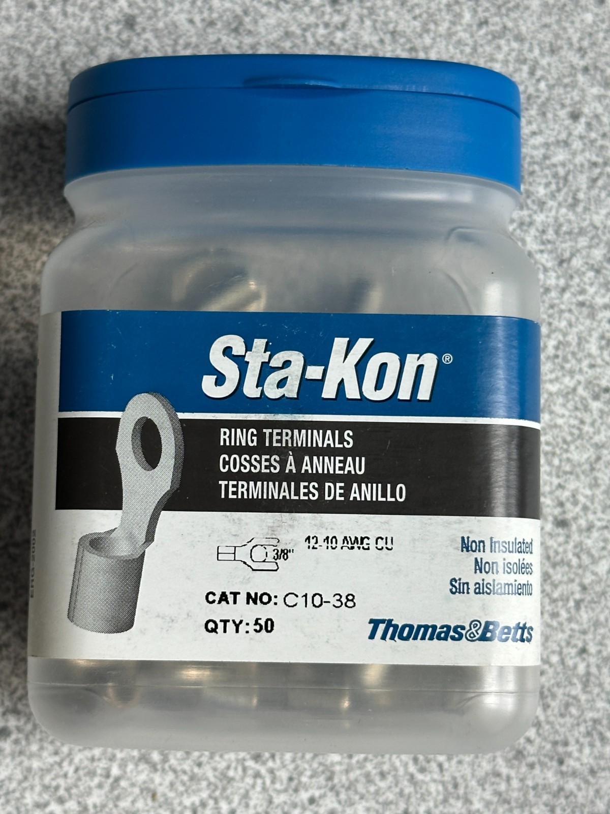 NEW Pack of 50 T&B Sta-Kon C10-38 Ring Terminals, 3/8″ Inc Stud Size, 12-10 Awg