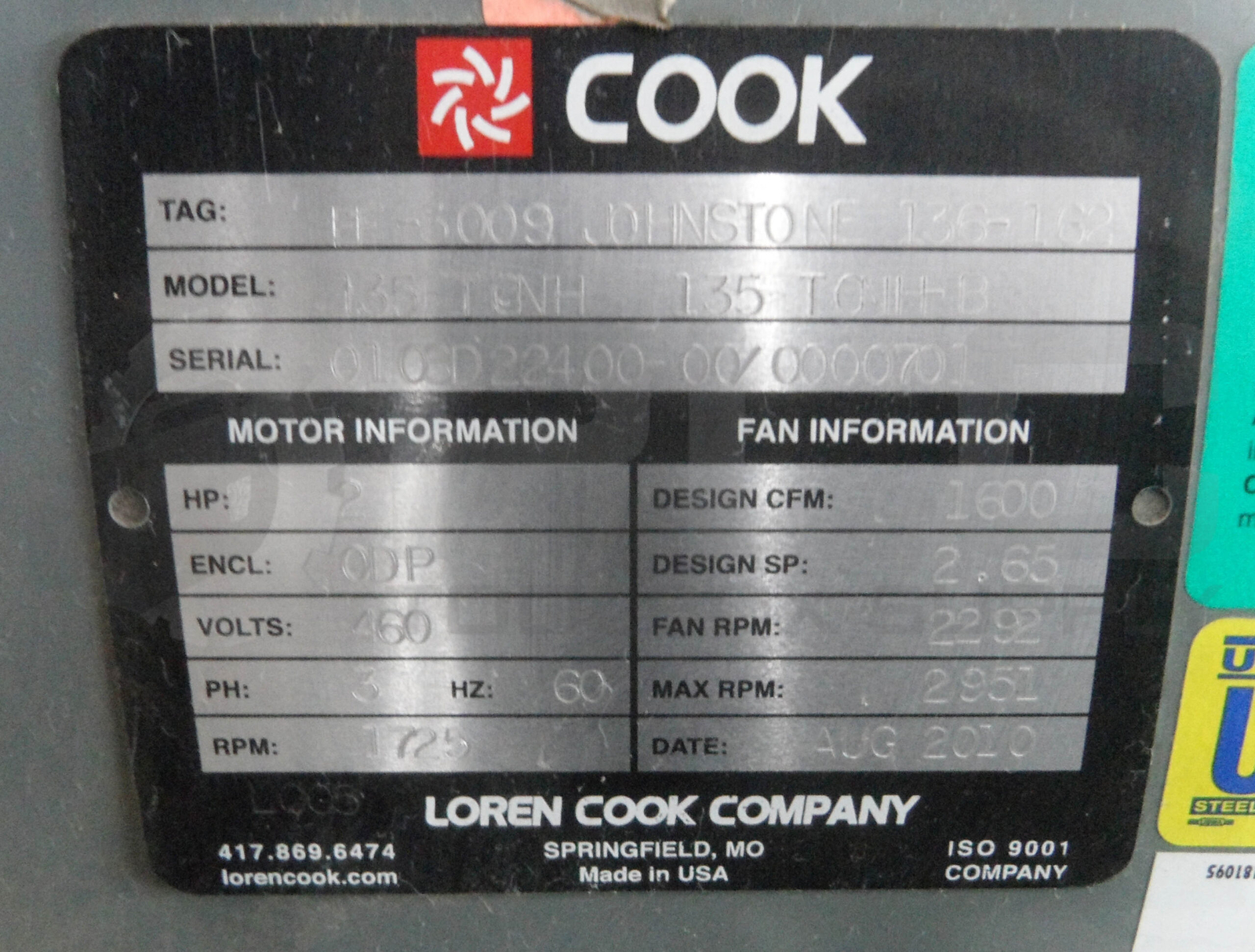 NEW LOREN COOK 135 TONH-B INLINE BLOWER FAN FF-3009 JOHNSTONE W/ BALDOR EM3157T