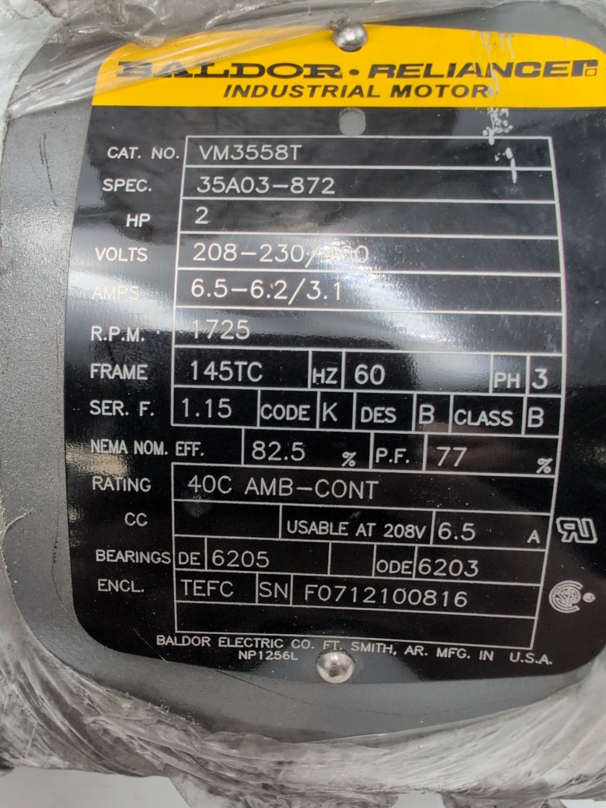 Baldor VM3558T General Purpose AC Motor 2 HP, 1750 RPM, 208-230/460V, 3-Phas