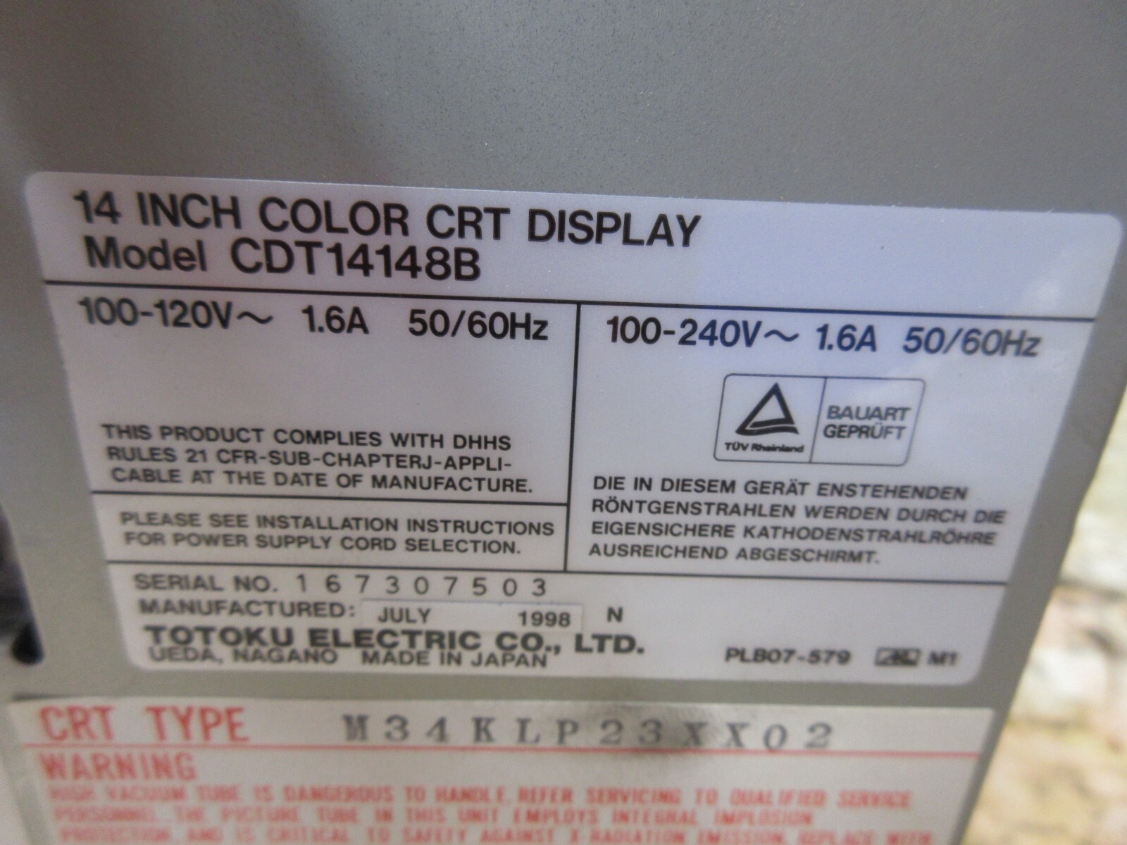 SPECIAL PRICE MITSUBISHI CNC EDM TOTOKU COLOR CRT CDT14148B M34KLP23XX02 MONITOR