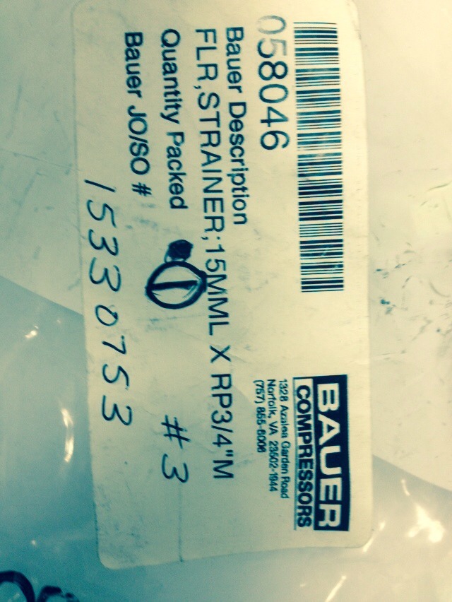 Bauer 058046 Compressor Parts Flr Strainer 15mml X RP3/4″M