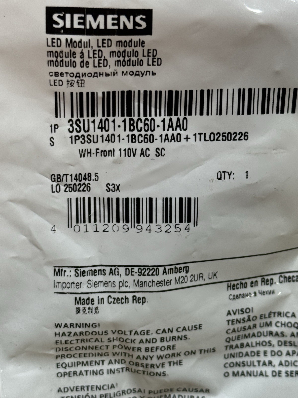 Siemens 3SU1401-1BC60-1AA0 Lamp Module New