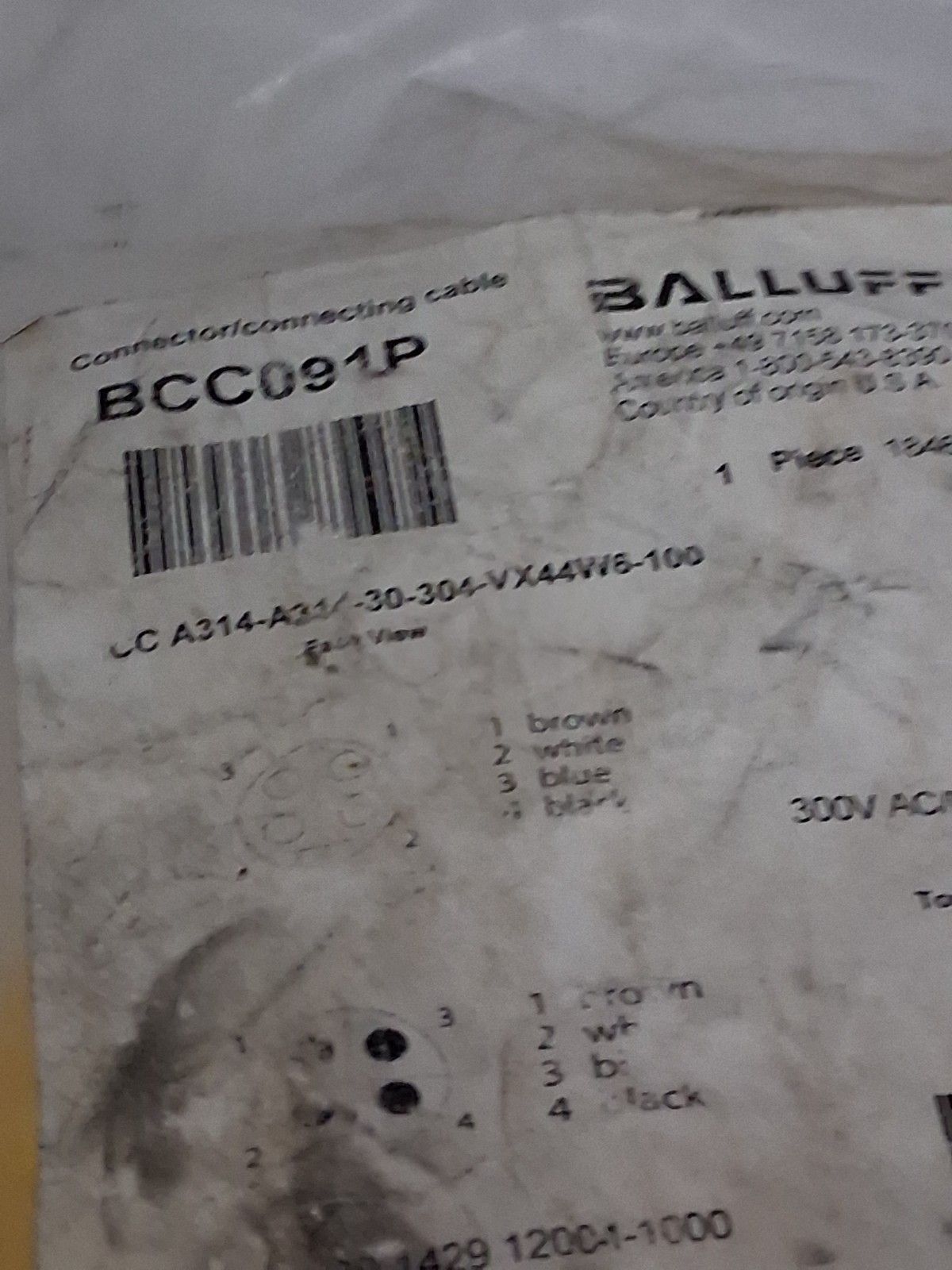 BALLUFF BCCA314-A314-30-304-VX44W6-100 CORDSET 300VAC/DC 10A(BCC091P) NIB