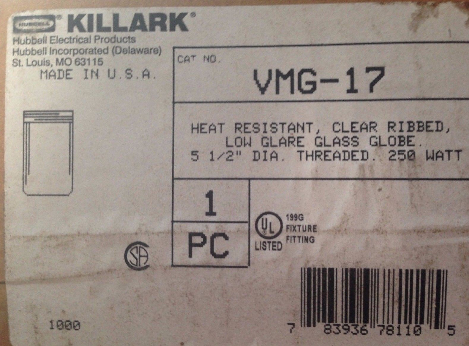 Hubbell-Killark VMG-17 Vm 5-1/2″ Globe Glass Fitting Explosion Proof 250W