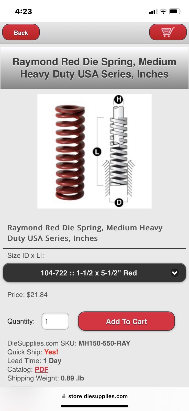 1-1/2 X 5-1/2 Inch Die Spring 104722 Medium Heavy Duty Red Raymond Coil