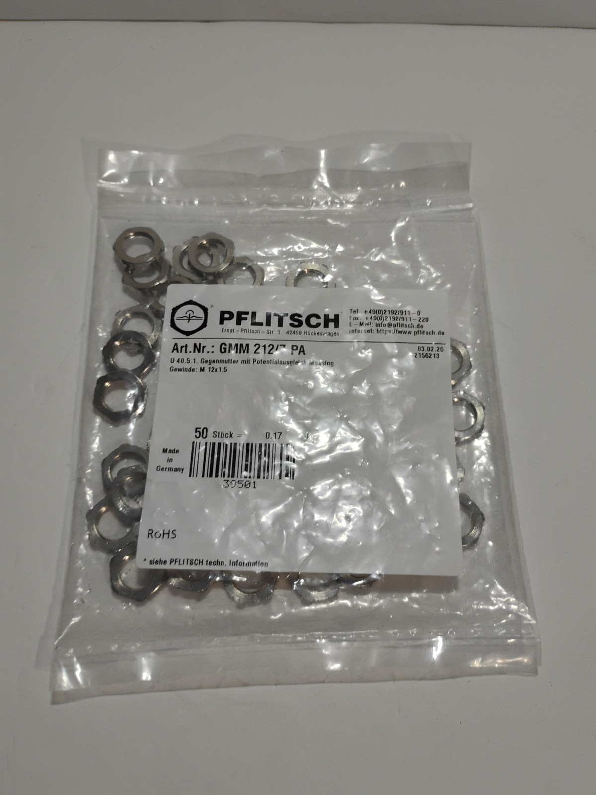 PFLITSCH M12 x 1.5 Lock Nut Art. Nr. GMM 212/7 PA , 50 Pack, EN 60423 Compliant