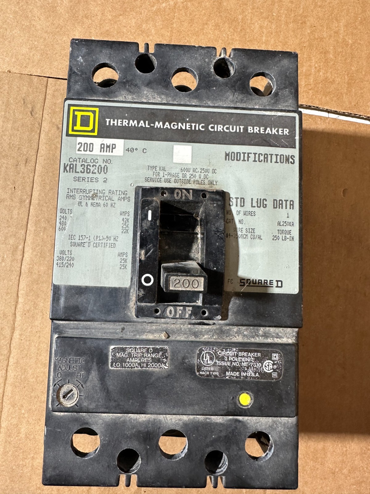 SQUARE D KAL36200 200 AMP BREAKER