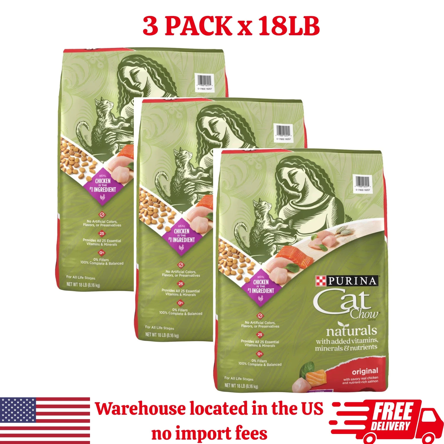 3 PACK Purina Cat Chow Naturals, Dry Cat Food, Chicken & Salmon, 18 lb Bag