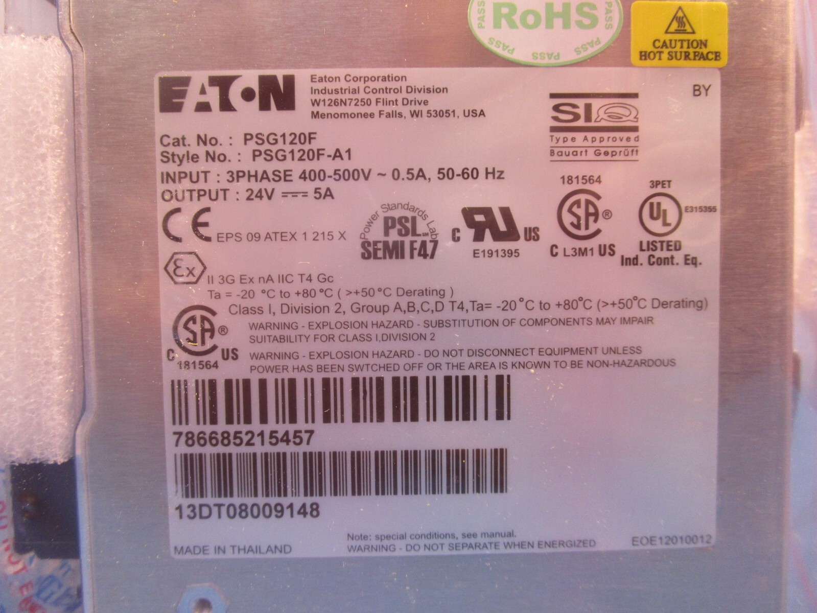 Eaton PSG120F, Power Supply, 120W 400-500VAC, 3-Phase, Output 24VDC, Style PSG12