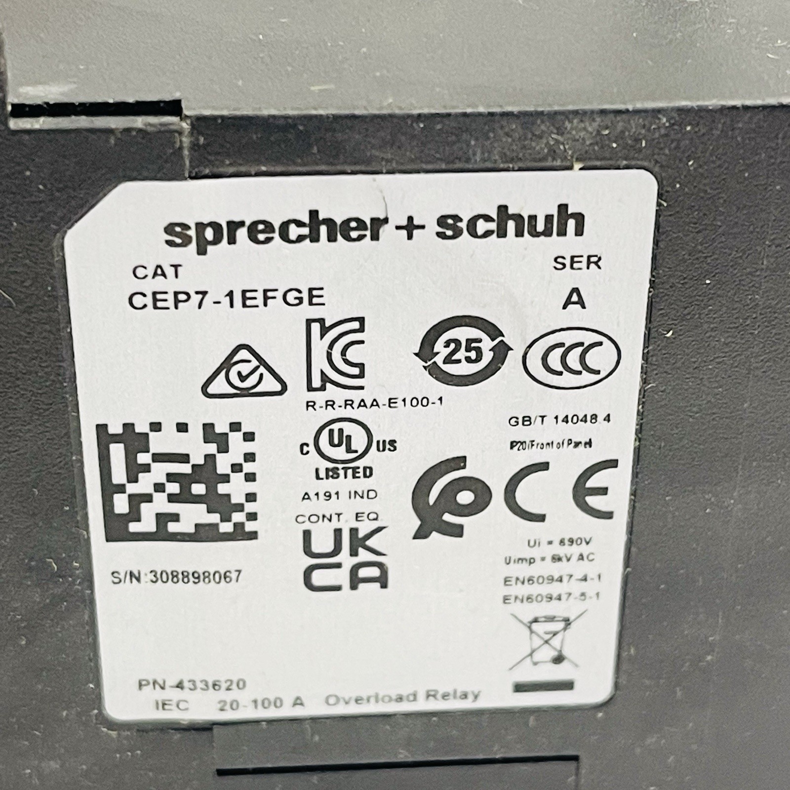 SPRECHER + SCHUH OVERLOAD RELAY CEP7-1EFGE SER A