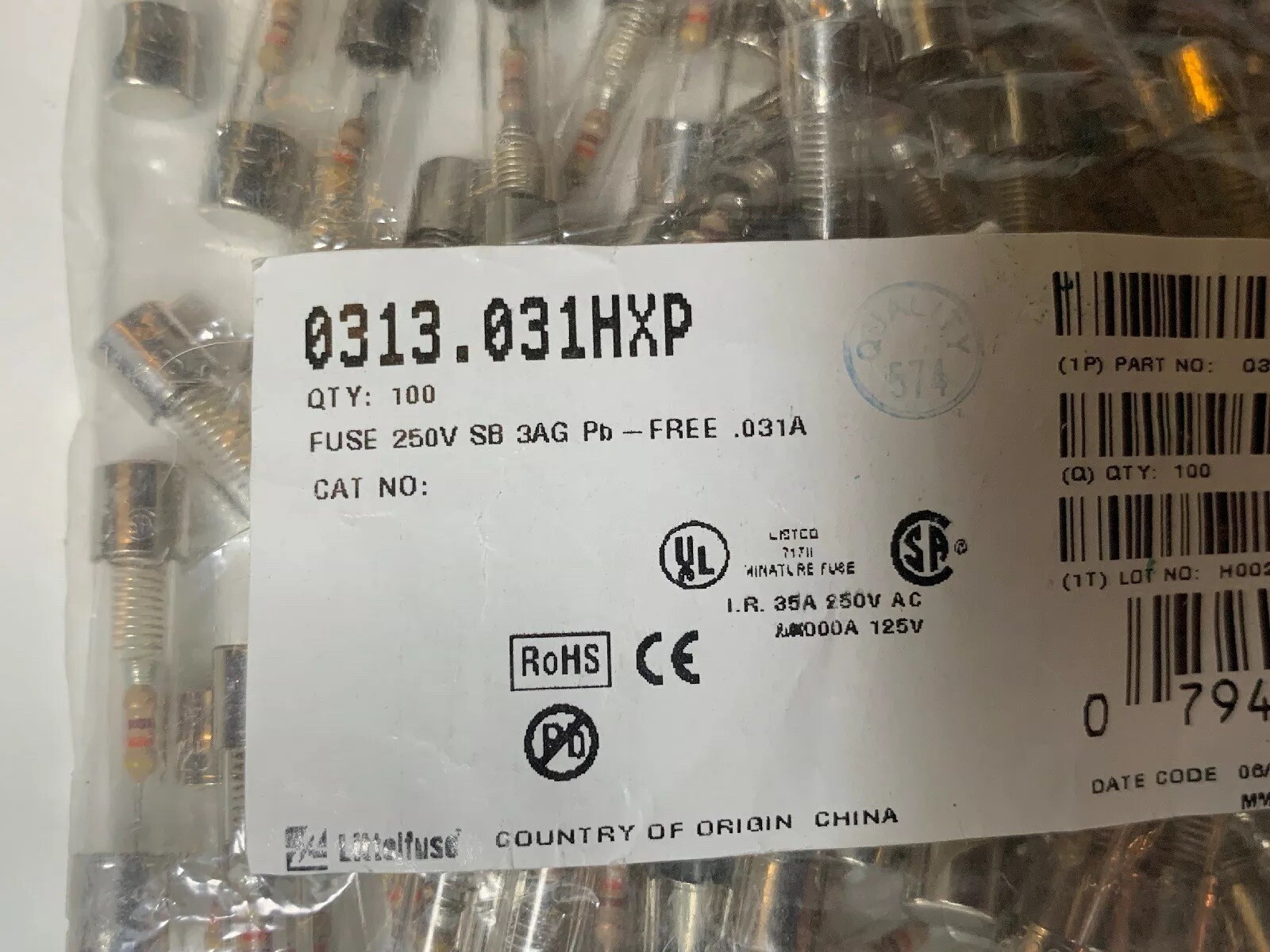 Littelfuse 0313.031HXP Fuse 250v SB 3AG Pb 100 Count Bag