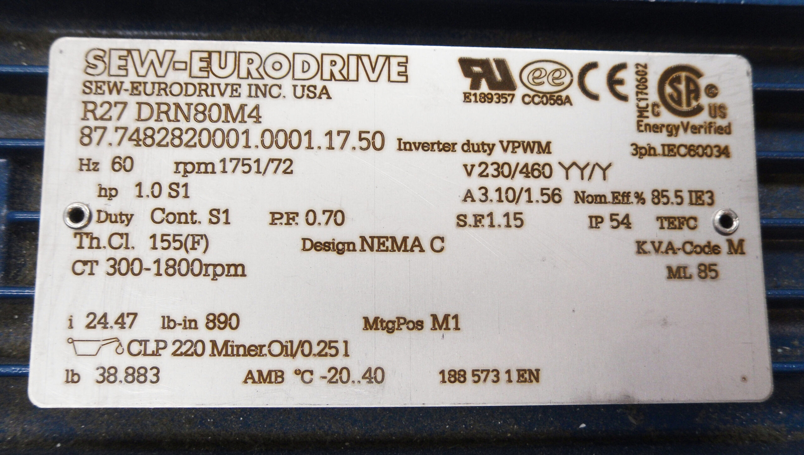 NEW SEW EURODRIVE R27 DRN30M4 GEAR MOTOR 87.7482820001.0001.17.50 W/ R27 DRN80M4